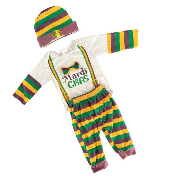 Baby Boy Mardi Gras Set Long Sleeve Bow Bodysuit Pants Hat Size 3-6 Months - Picture 11 of 13